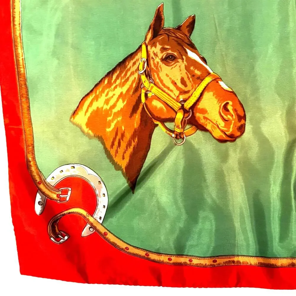 Vintage silky acetate scarf horses equestrian large square faded red green brown
